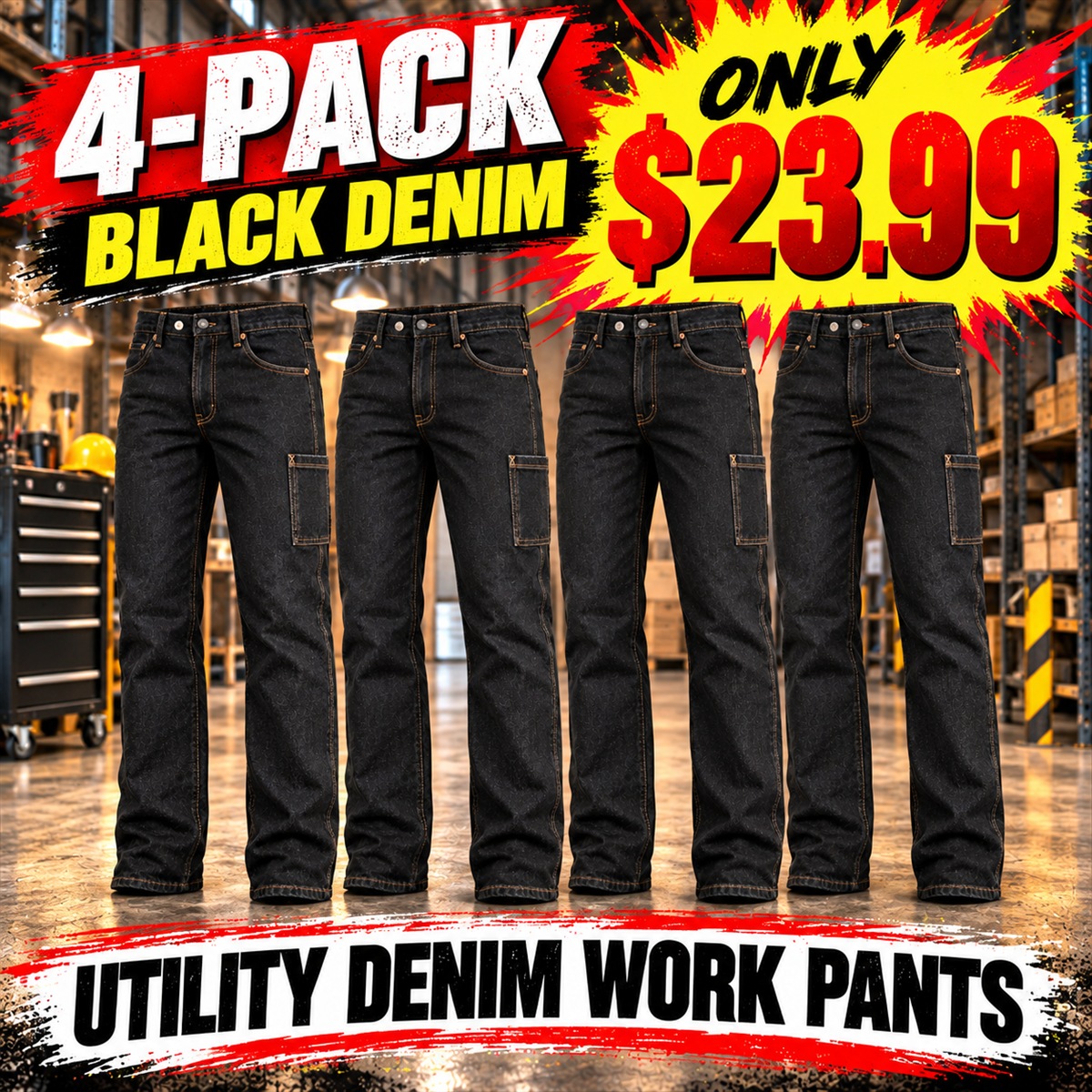 Men's Utility Denim Work Jeans with Gusset & Phone Pocket Multipacks - 4-Pack - Black Denim - $23.99