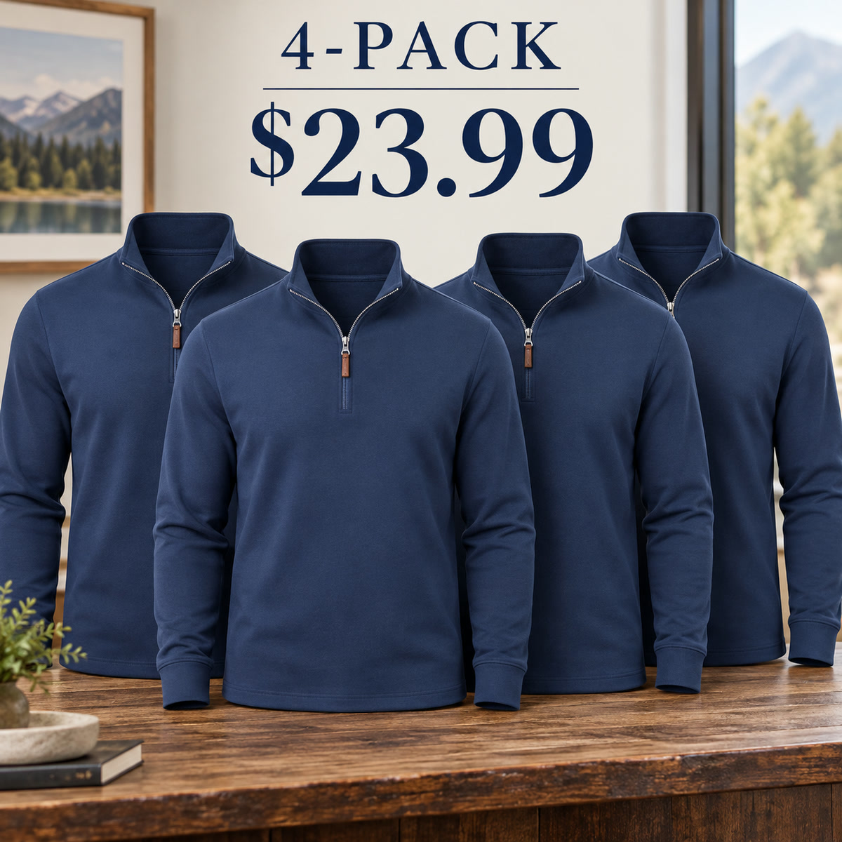 4-Pack - Navy Men's Essential Quarter-Zip Long-Sleeve Pullover Multipacks