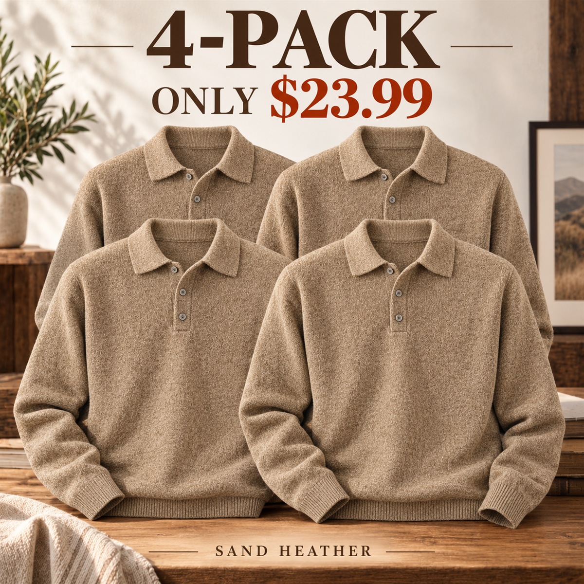 4-Pack - Sand Heather Men's Textured Long-Sleeve Polo Sweater Multipacks