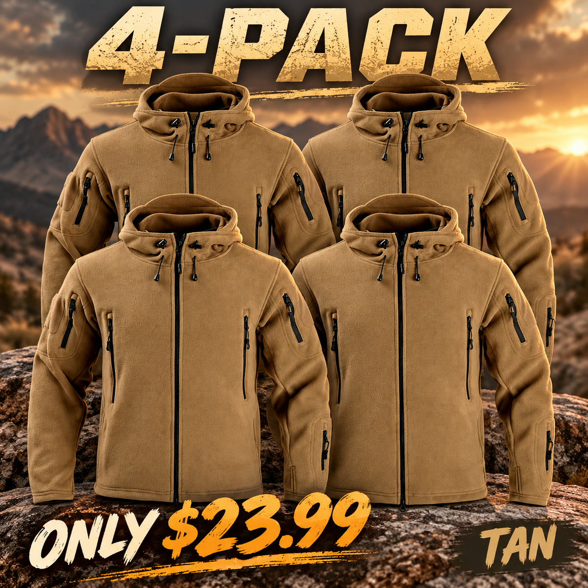4-Pack - Tan Men's Multi-Pocket Hooded Fleece Jacket Multipacks