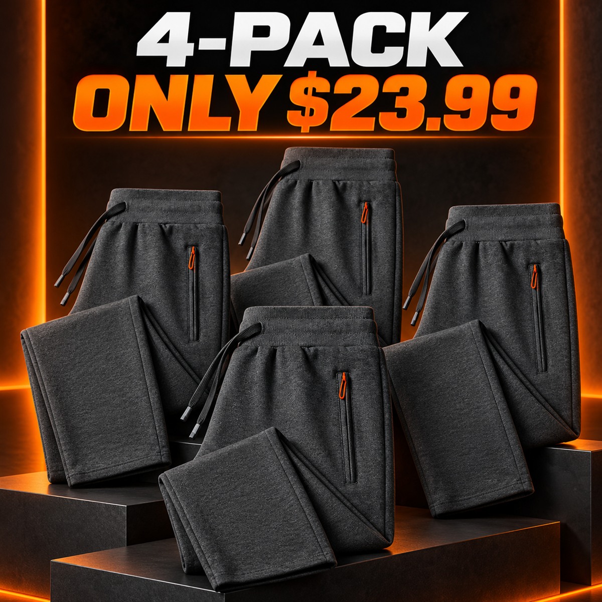 4-Pack - Black Men's Cotton Drawstring Zip-Pocket Pants Multipacks
