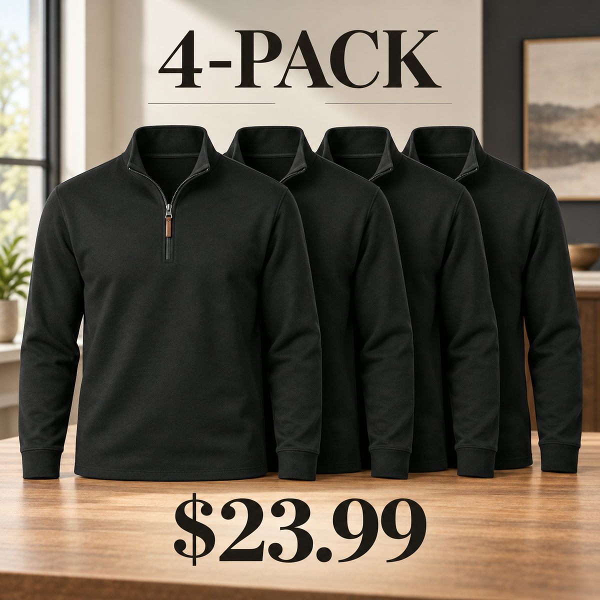 4-Pack - Black Men's Essential Quarter-Zip Long-Sleeve Pullover Multipacks