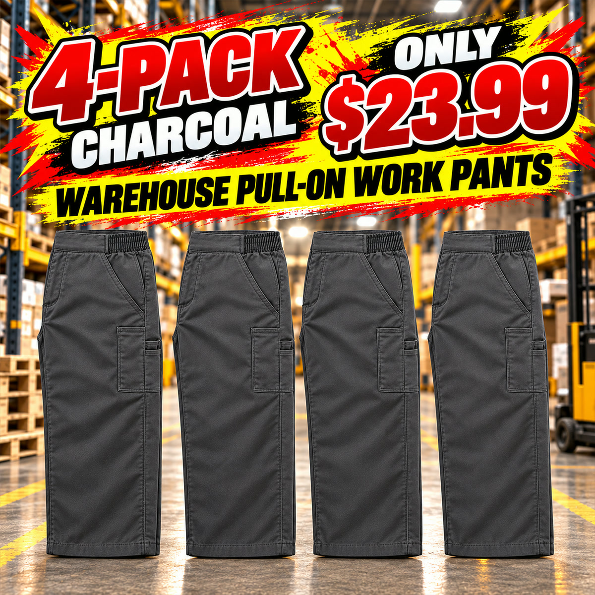 Men's Side-Elastic Pull-On Warehouse Work Pants Multipacks - 4-Pack - Charcoal - $23.99