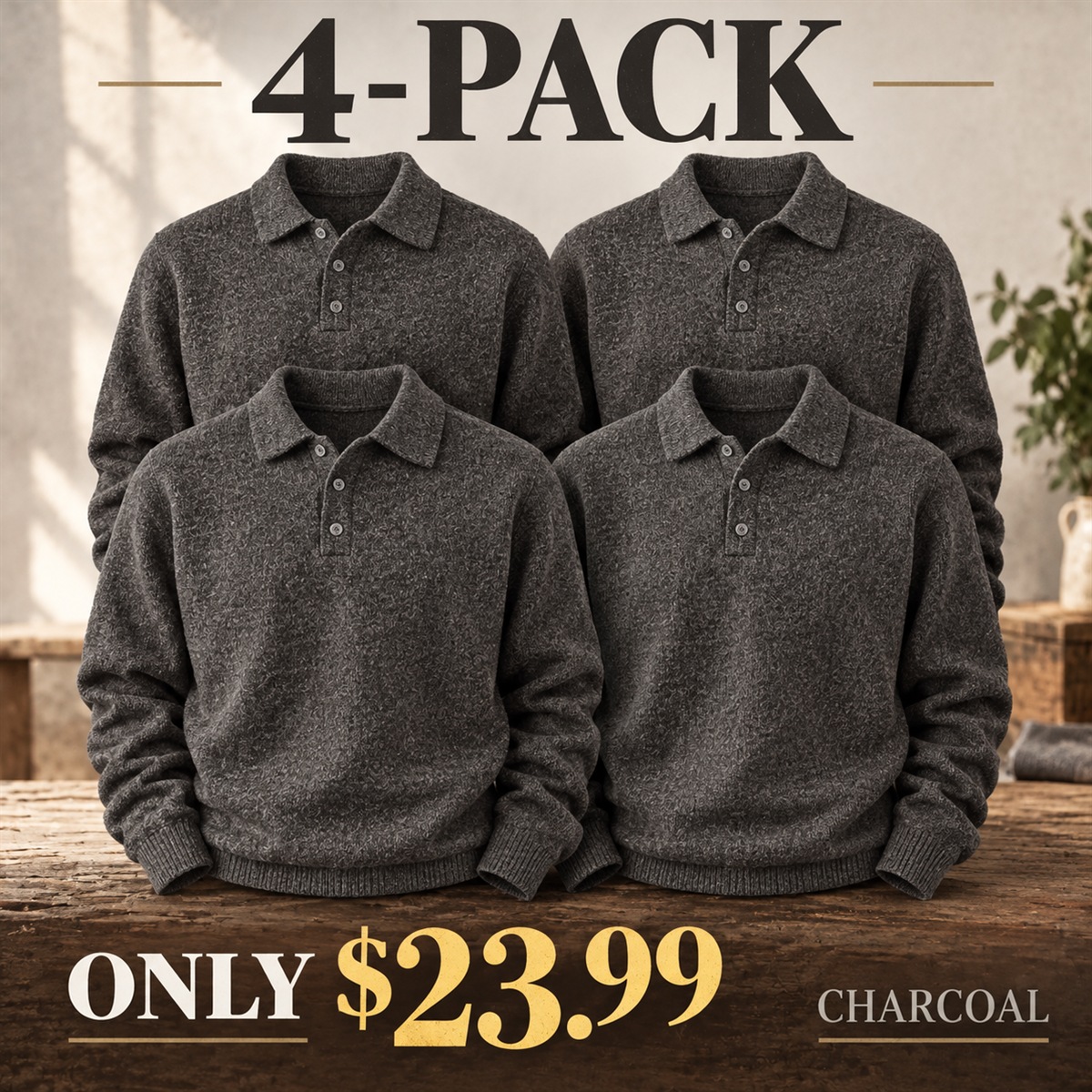 4-Pack - Charcoal Men's Textured Long-Sleeve Polo Sweater Multipacks