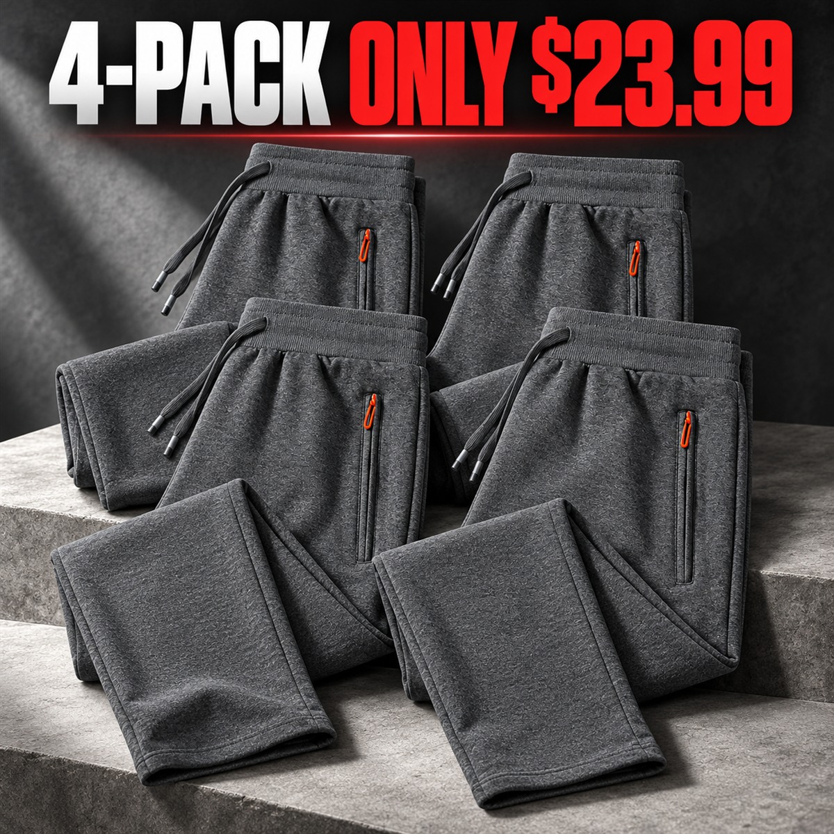 4-Pack - Charcoal Men's Cotton Drawstring Zip-Pocket Pants Multipacks