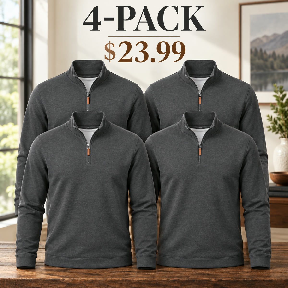 4-Pack - Charcoal Men's Essential Quarter-Zip Long-Sleeve Pullover Multipacks
