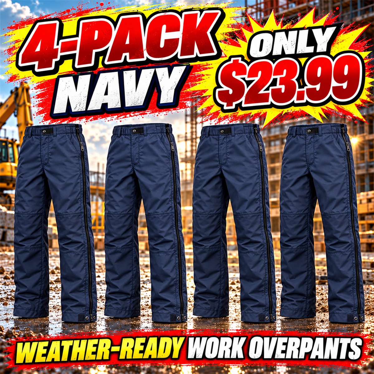 Men's Full-Side-Zip Weather Overpants Multipacks - 4-Pack - Navy - $23.99