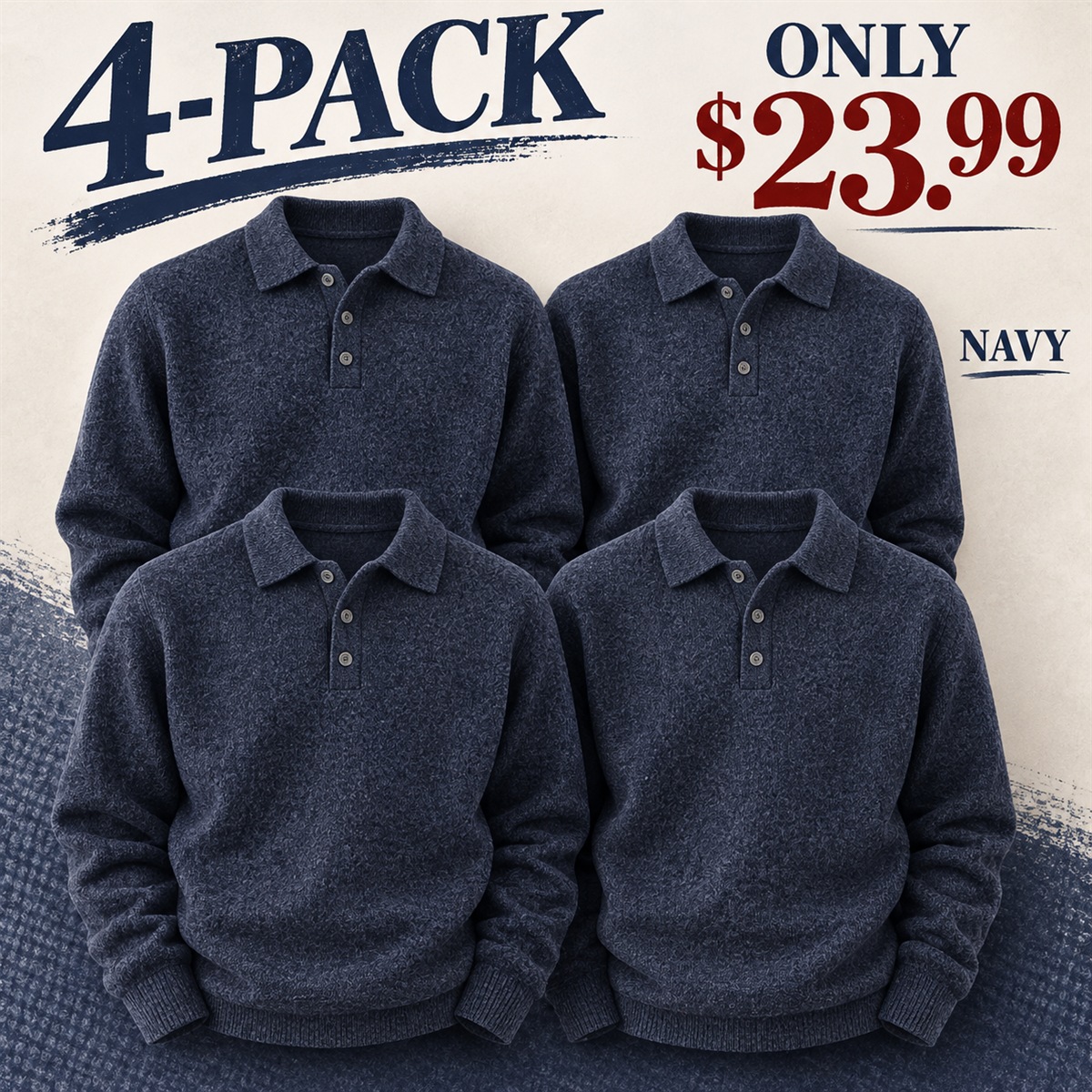 4-Pack - Navy Men's Textured Long-Sleeve Polo Sweater Multipacks