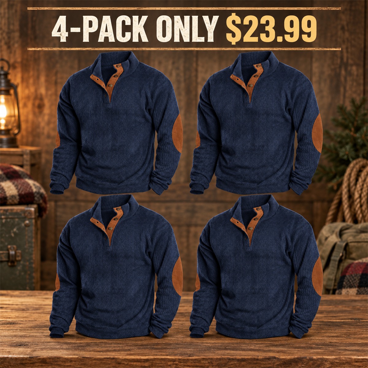 4-Pack - Navy Men's Ribbed Mock-Neck Snap Pullover with Elbow Patches Multipacks