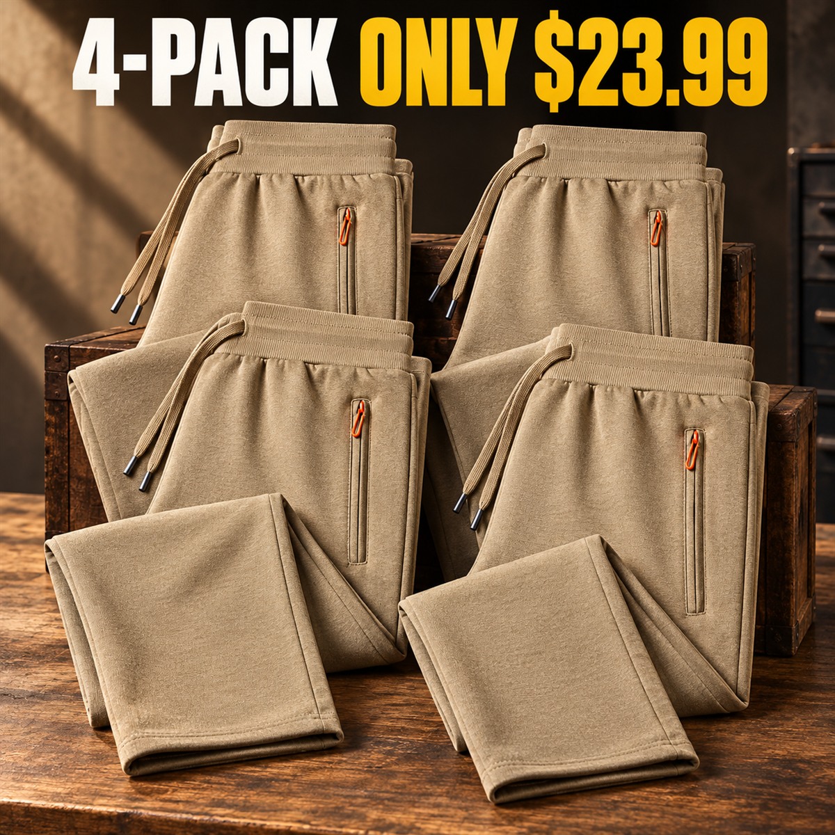 4-Pack - Khaki Men's Cotton Drawstring Zip-Pocket Pants Multipacks