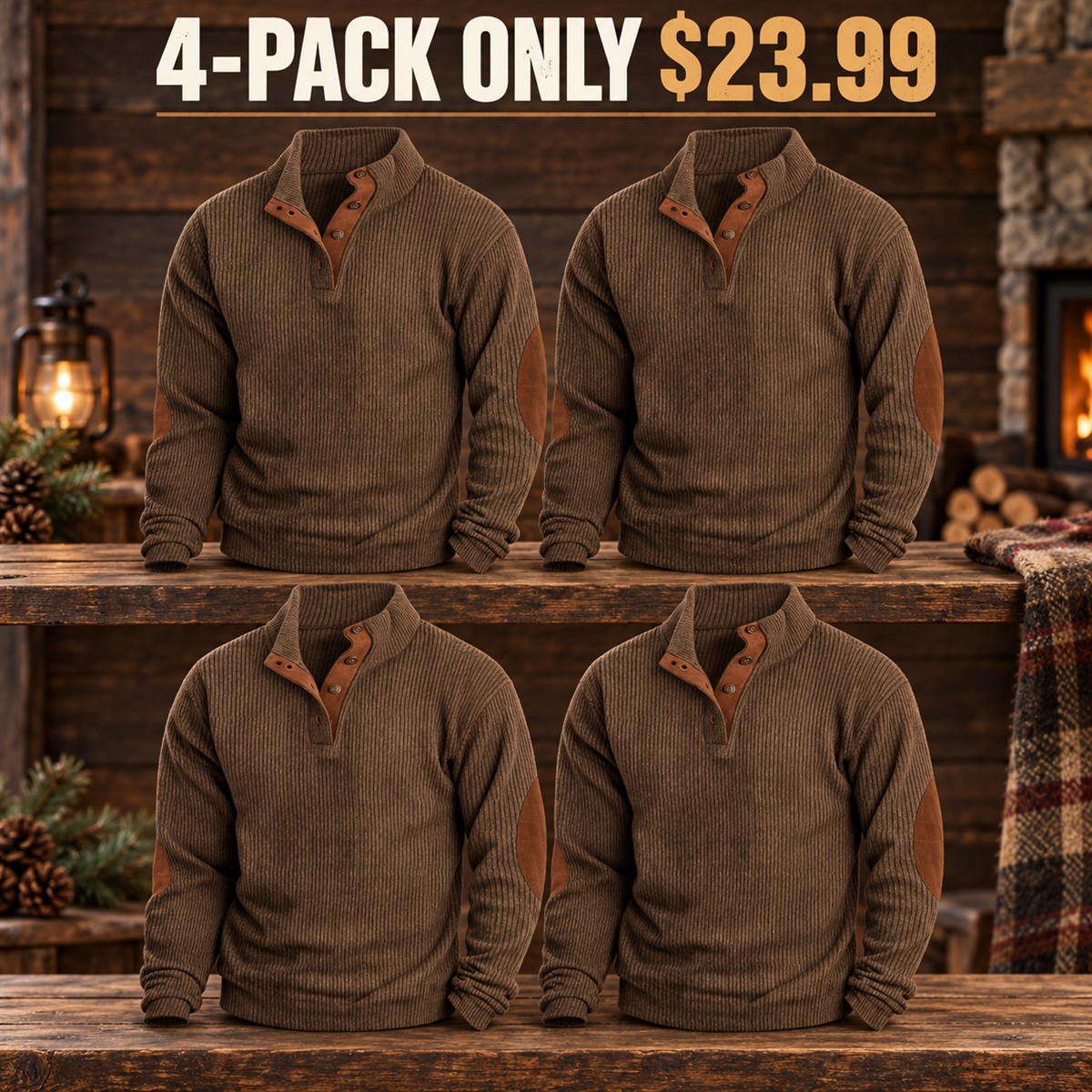 4-Pack - Brown Men's Ribbed Mock-Neck Snap Pullover with Elbow Patches Multipacks