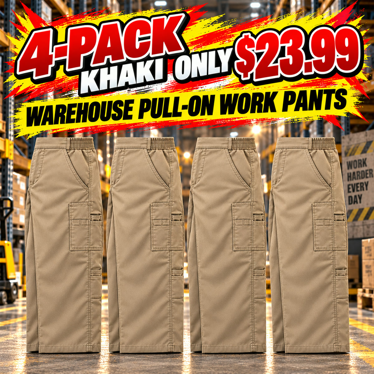 Men's Side-Elastic Pull-On Warehouse Work Pants Multipacks - 4-Pack - Khaki - $23.99