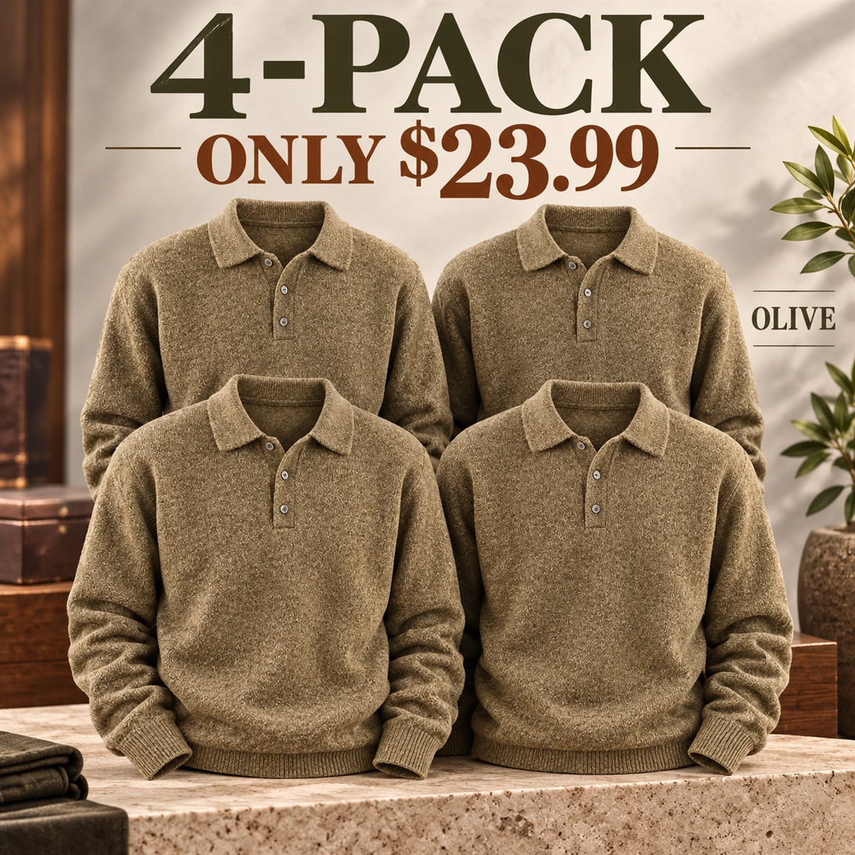 4-Pack - Olive Men's Textured Long-Sleeve Polo Sweater Multipacks