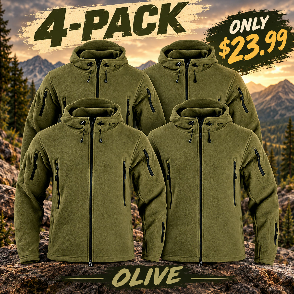 4-Pack - Olive Men's Multi-Pocket Hooded Fleece Jacket Multipacks
