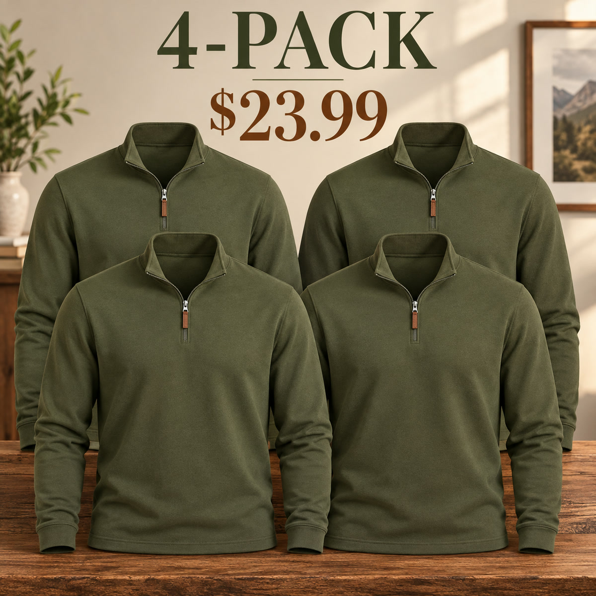 4-Pack - Olive Men's Essential Quarter-Zip Long-Sleeve Pullover Multipacks