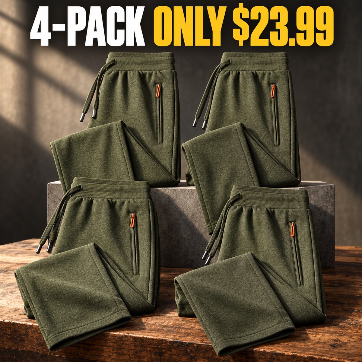 4-Pack - Olive Men's Cotton Drawstring Zip-Pocket Pants Multipacks