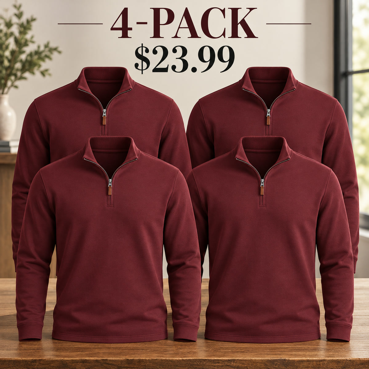 4-Pack - Burgundy Men's Essential Quarter-Zip Long-Sleeve Pullover Multipacks