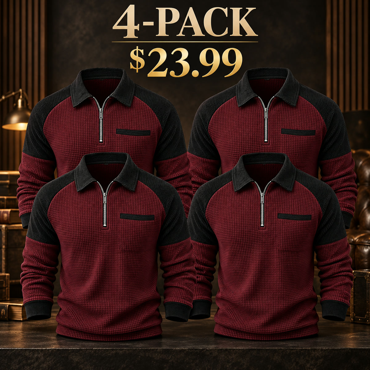 4-Pack - Burgundy/Black Men's Contrast-Yoke Waffle-Knit Quarter-Zip Pullover Multipacks