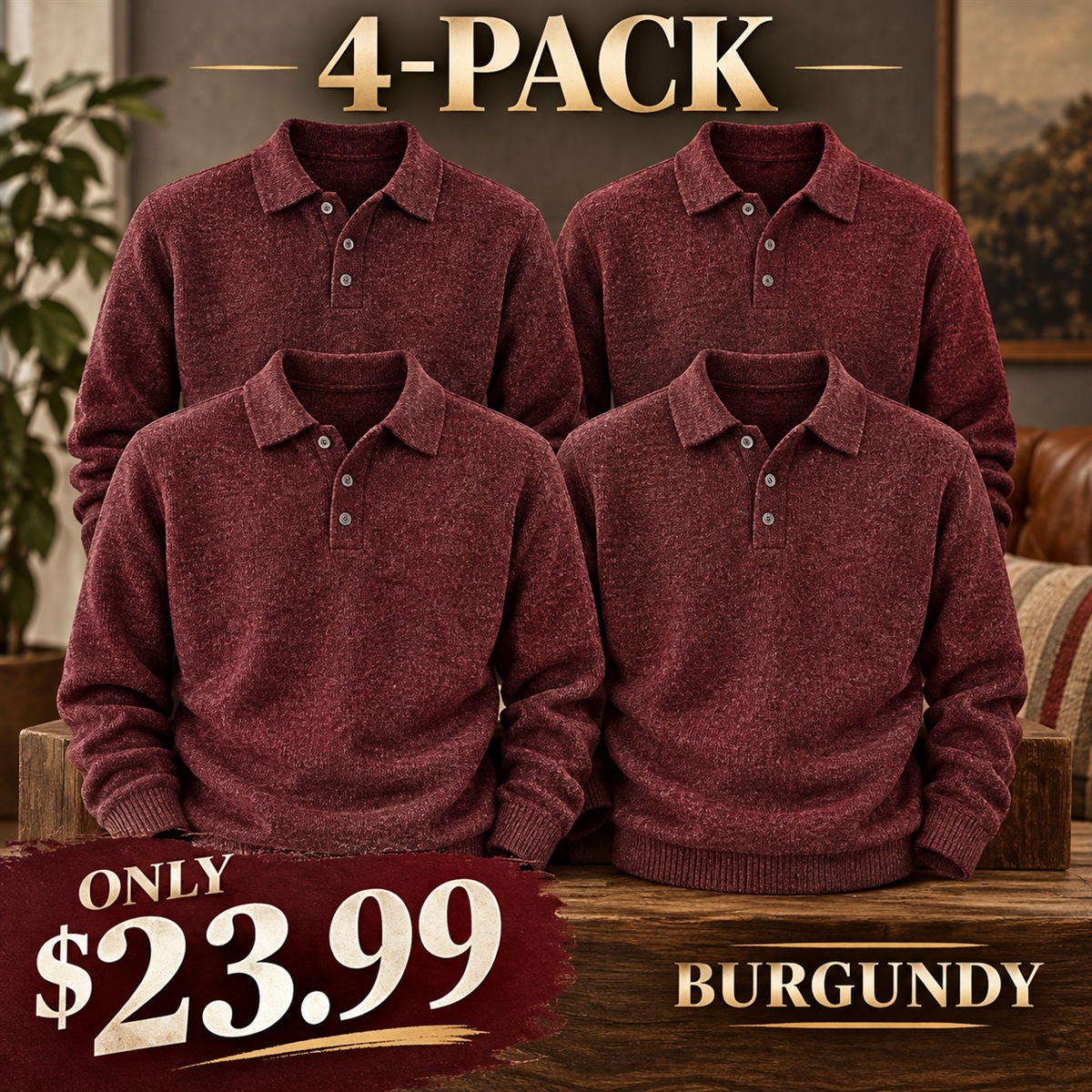 4-Pack - Burgundy Men's Textured Long-Sleeve Polo Sweater Multipacks