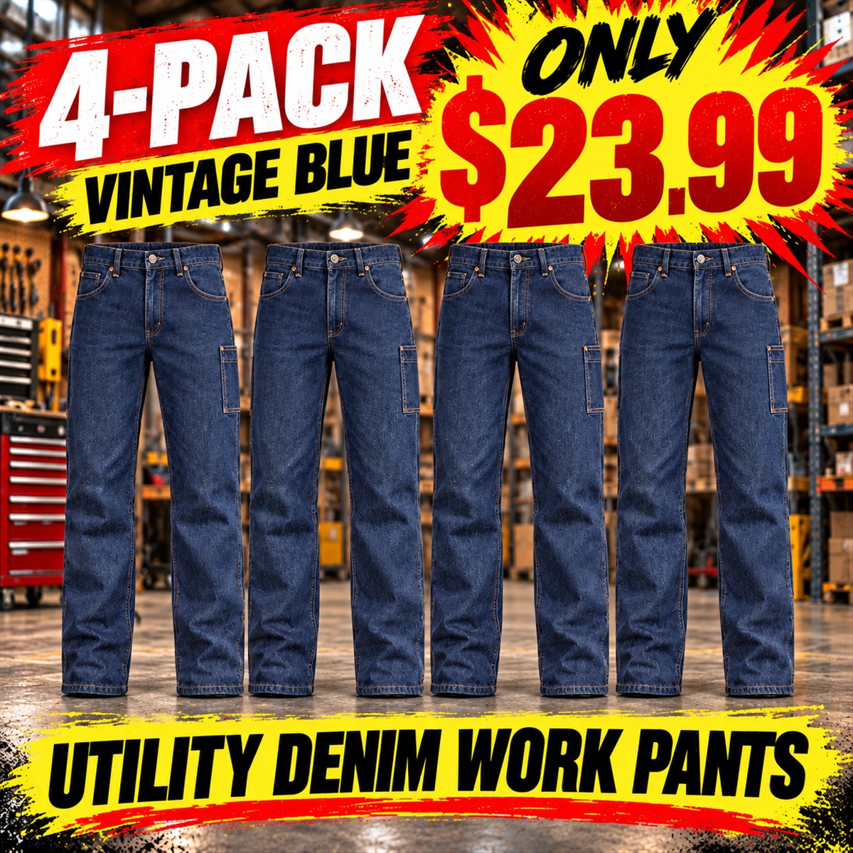 Men's Utility Denim Work Jeans with Gusset & Phone Pocket Multipacks - 4-Pack - Vintage Blue - $23.99