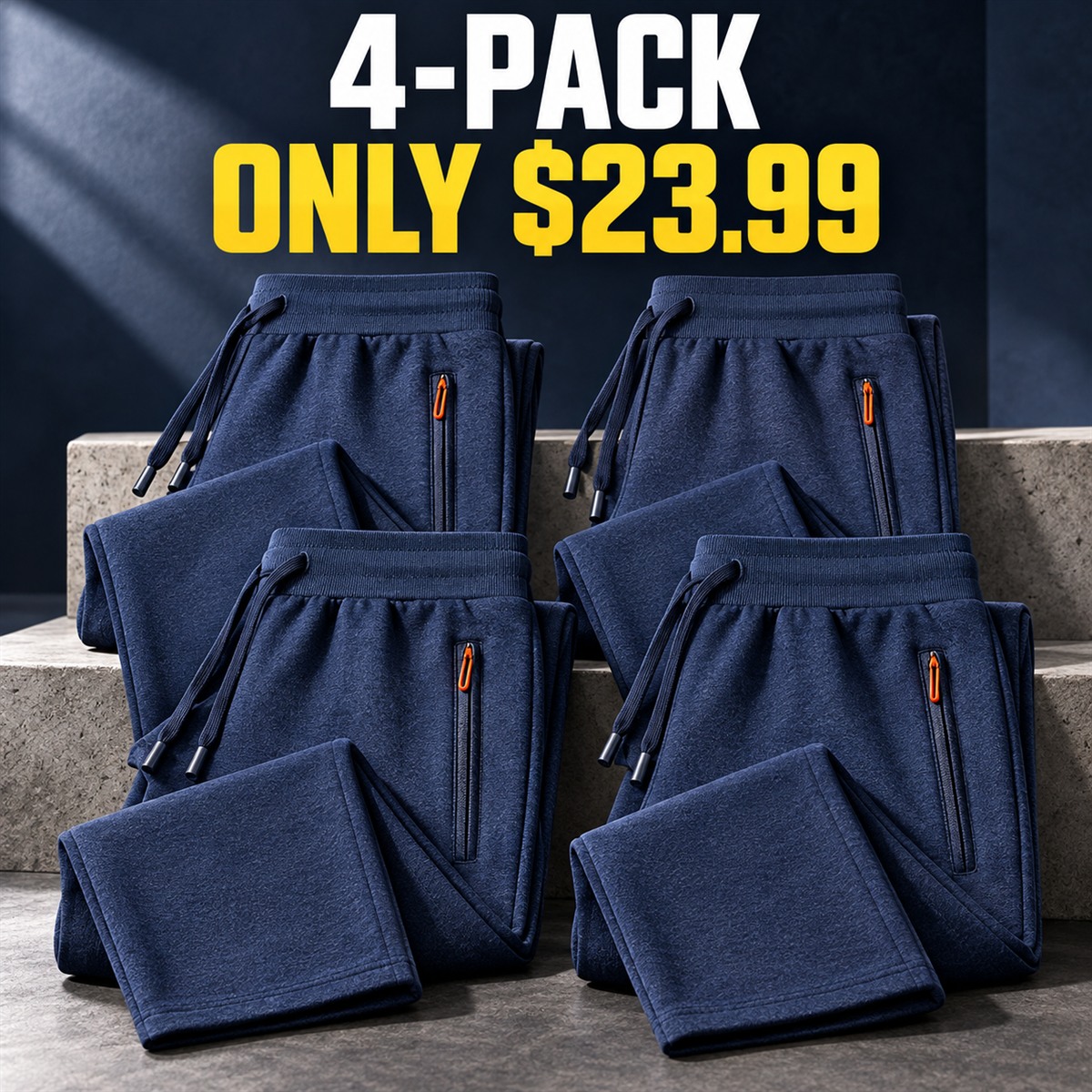 4-Pack - Navy Men's Cotton Drawstring Zip-Pocket Pants Multipacks