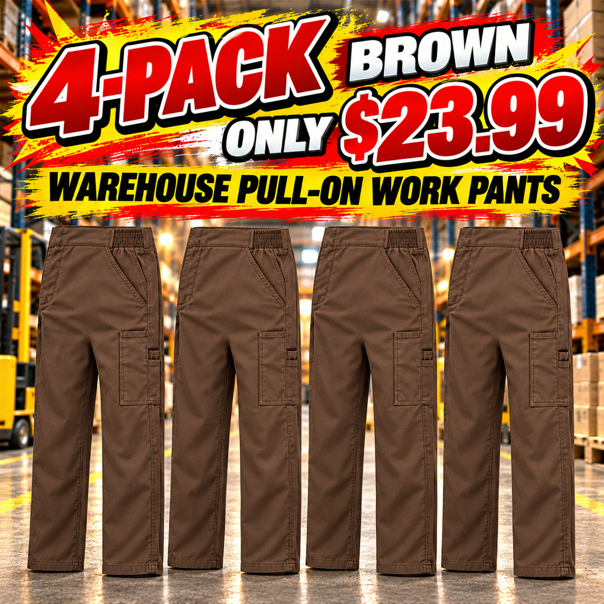 Men's Side-Elastic Pull-On Warehouse Work Pants Multipacks - 4-Pack - Brown - $23.99