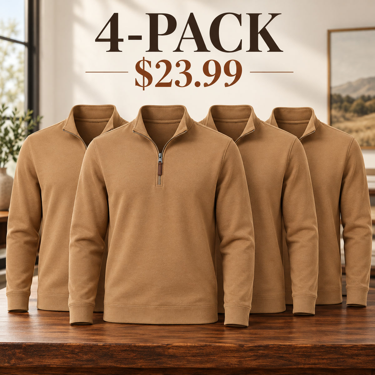 4-Pack - Camel Men's Essential Quarter-Zip Long-Sleeve Pullover Multipacks
