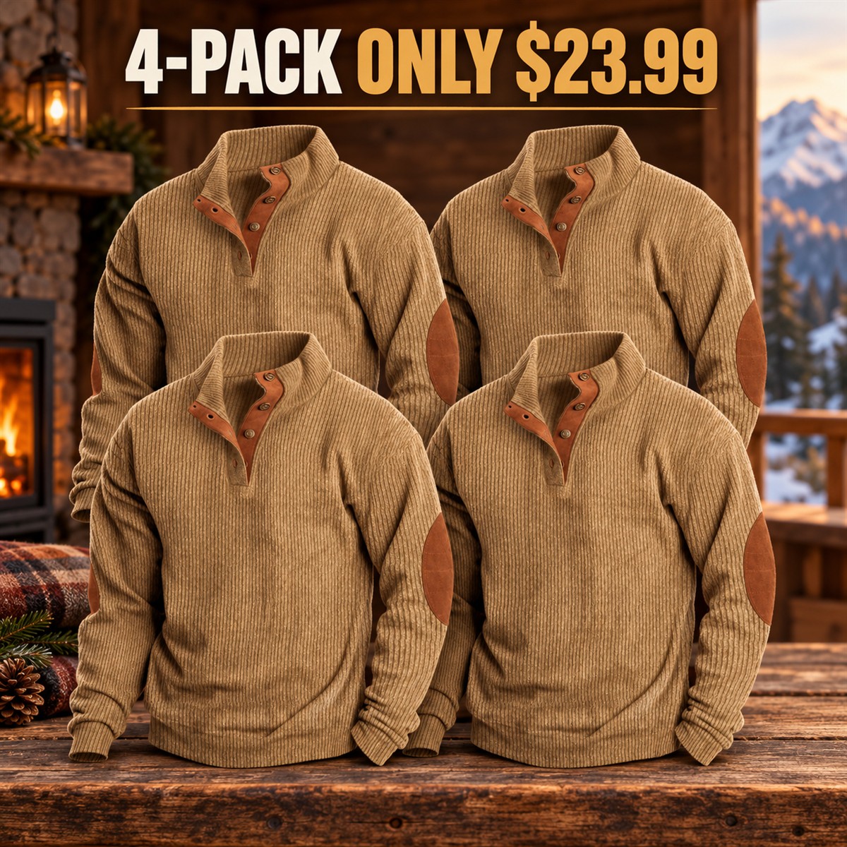 4-Pack - Camel Men's Ribbed Mock-Neck Snap Pullover with Elbow Patches Multipacks