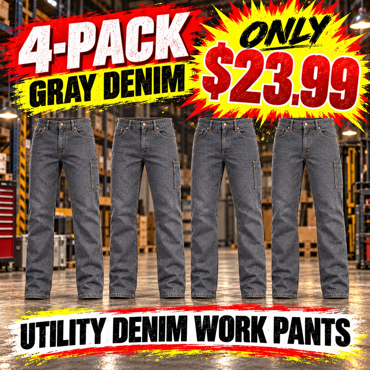 Men's Utility Denim Work Jeans with Gusset & Phone Pocket Multipacks - 4-Pack - Gray Denim - $23.99