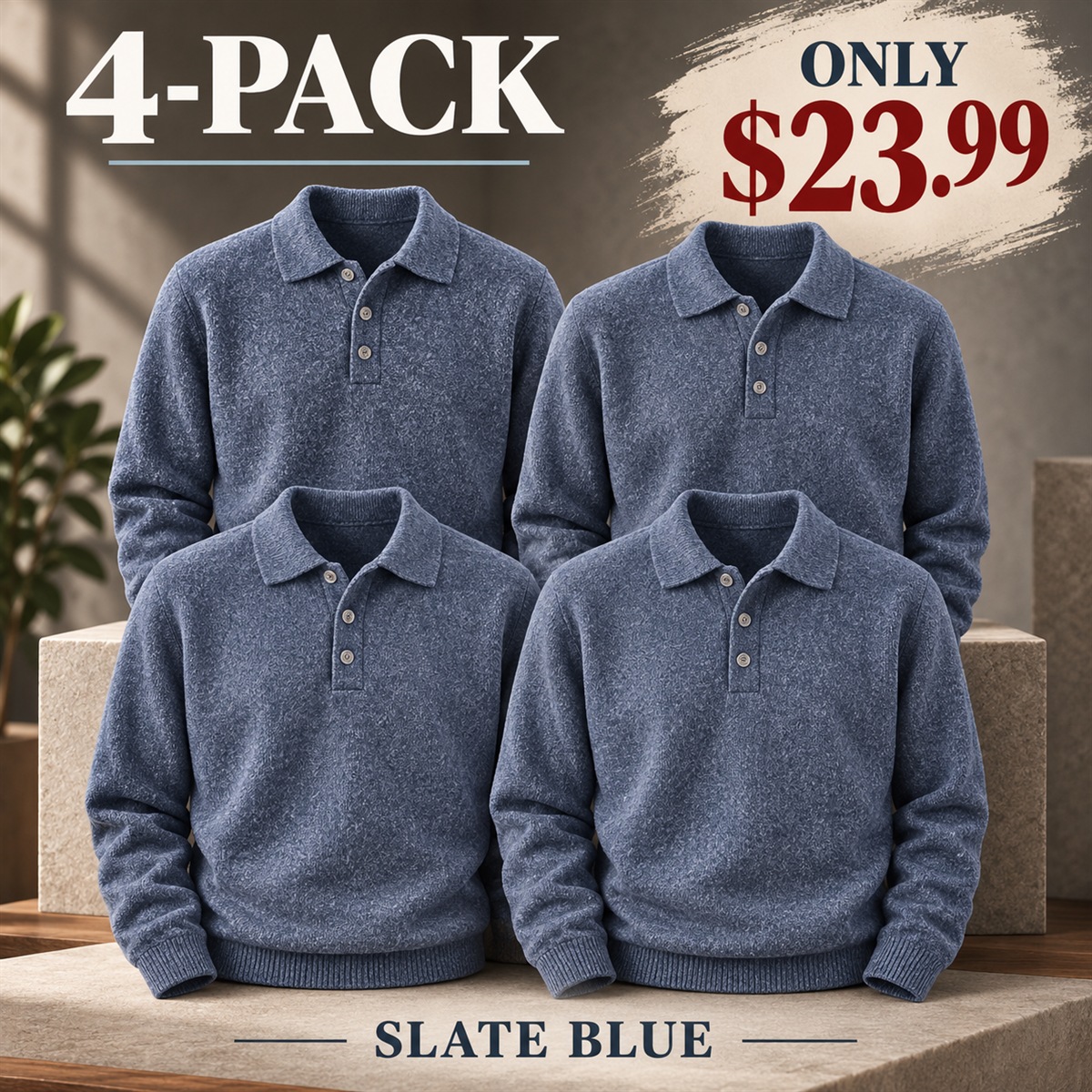 4-Pack - Slate Blue Men's Textured Long-Sleeve Polo Sweater Multipacks