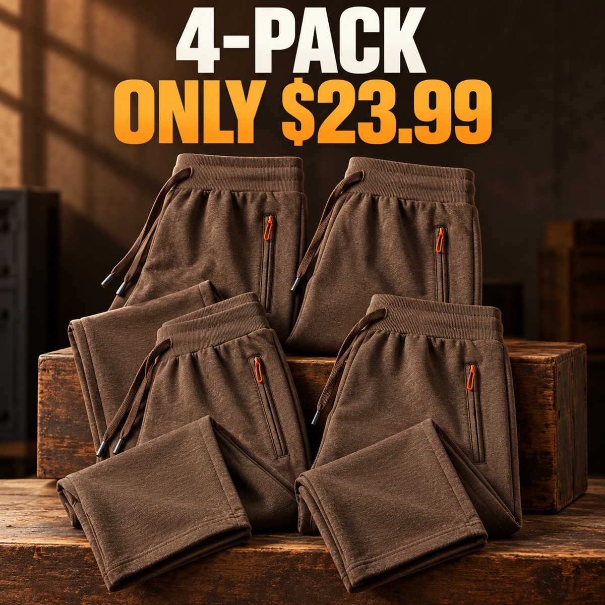 4-Pack - Brown Men's Cotton Drawstring Zip-Pocket Pants Multipacks