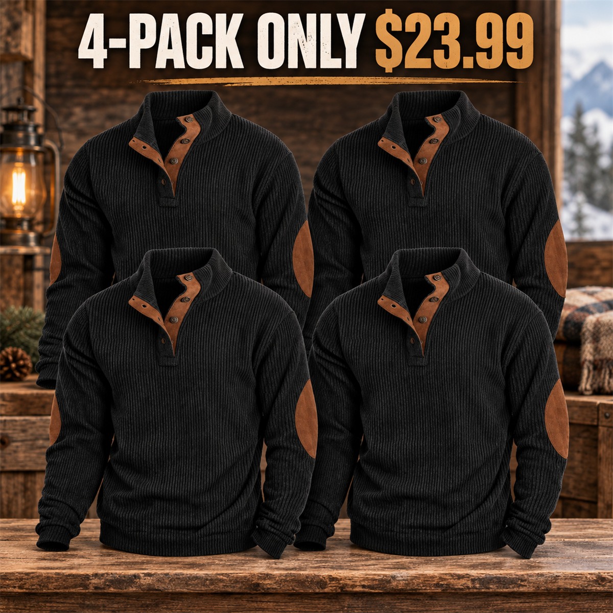 4-Pack - Black Men's Ribbed Mock-Neck Snap Pullover with Elbow Patches Multipacks