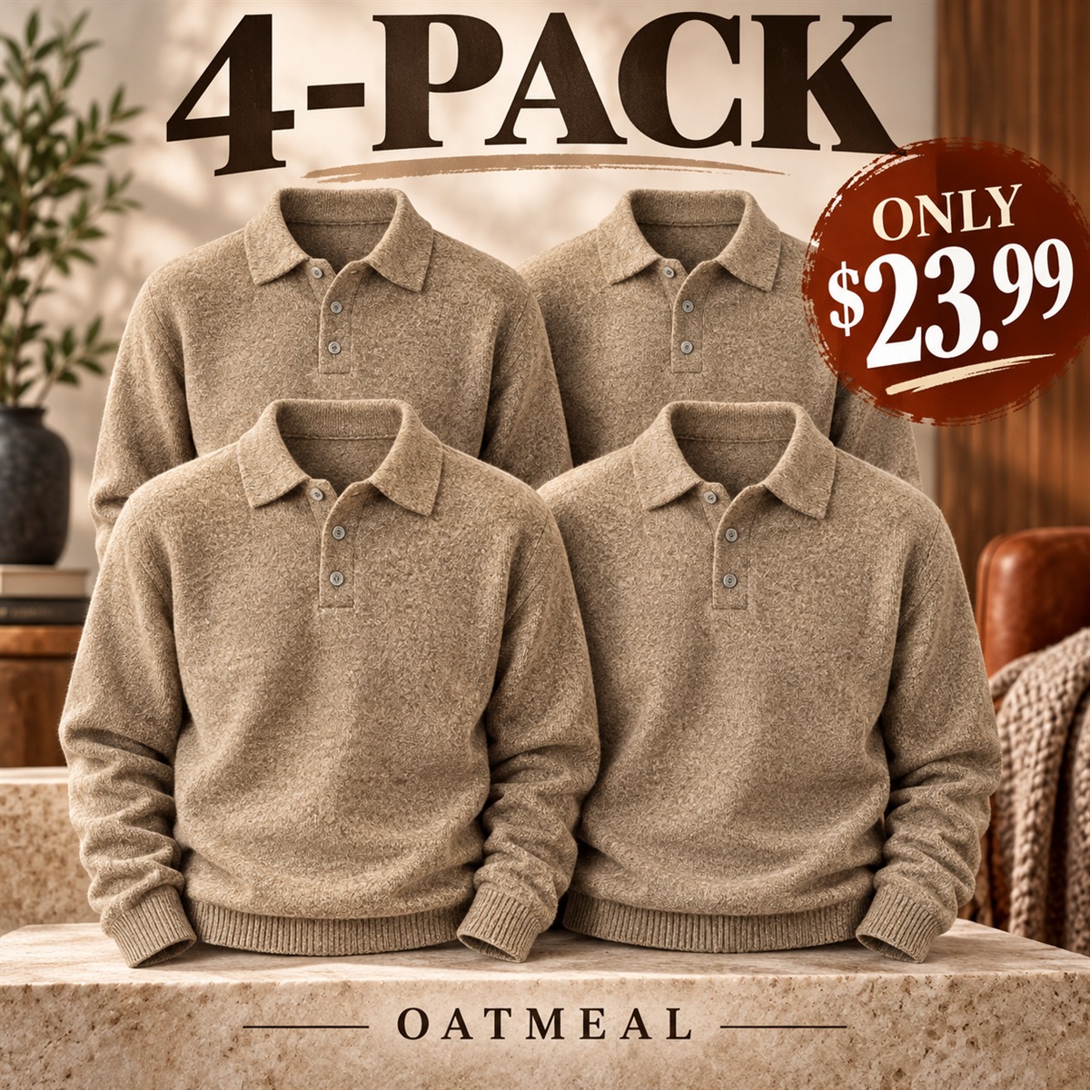 4-Pack - Oatmeal Men's Textured Long-Sleeve Polo Sweater Multipacks