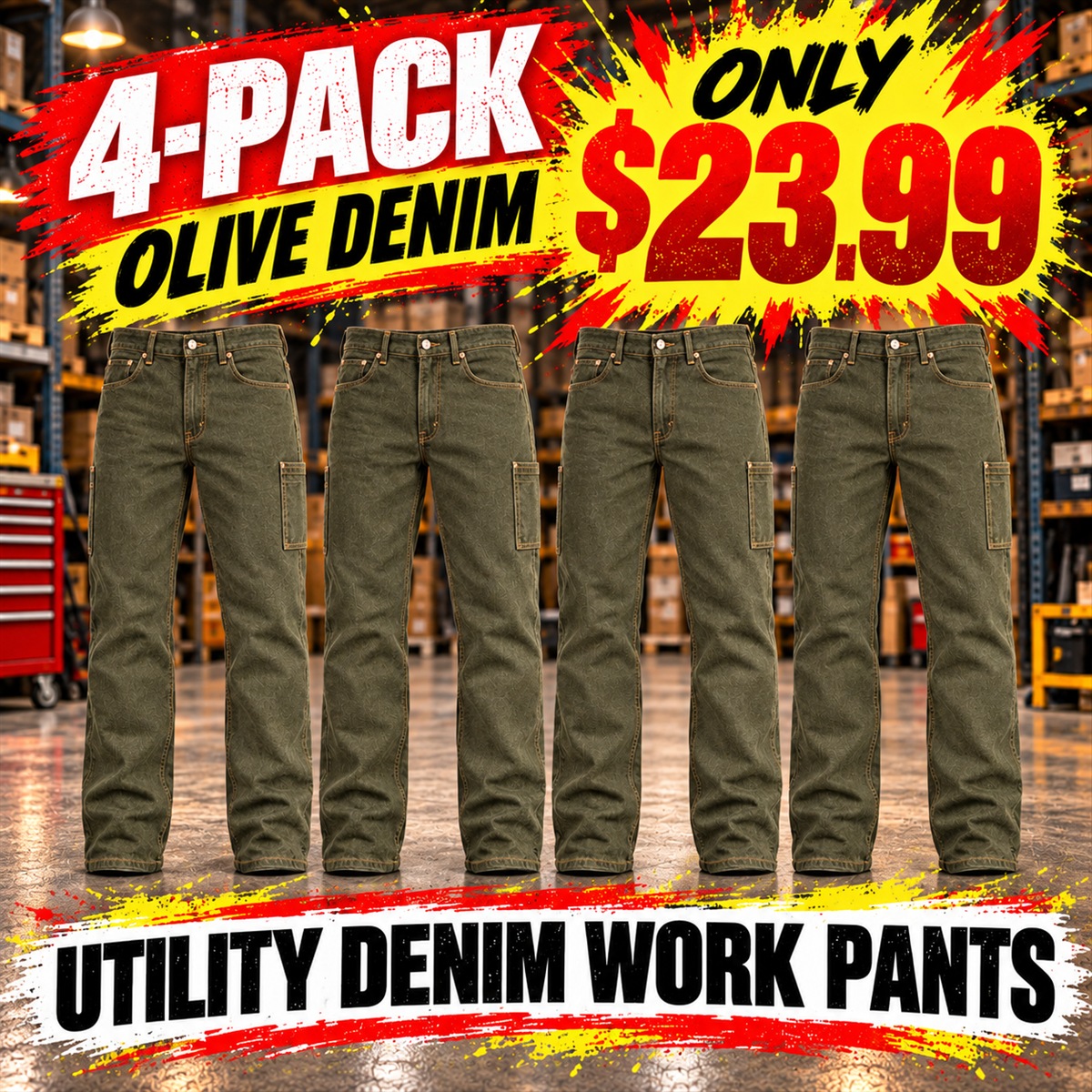 Men's Utility Denim Work Jeans with Gusset & Phone Pocket Multipacks - 4-Pack - Olive Denim - $23.99