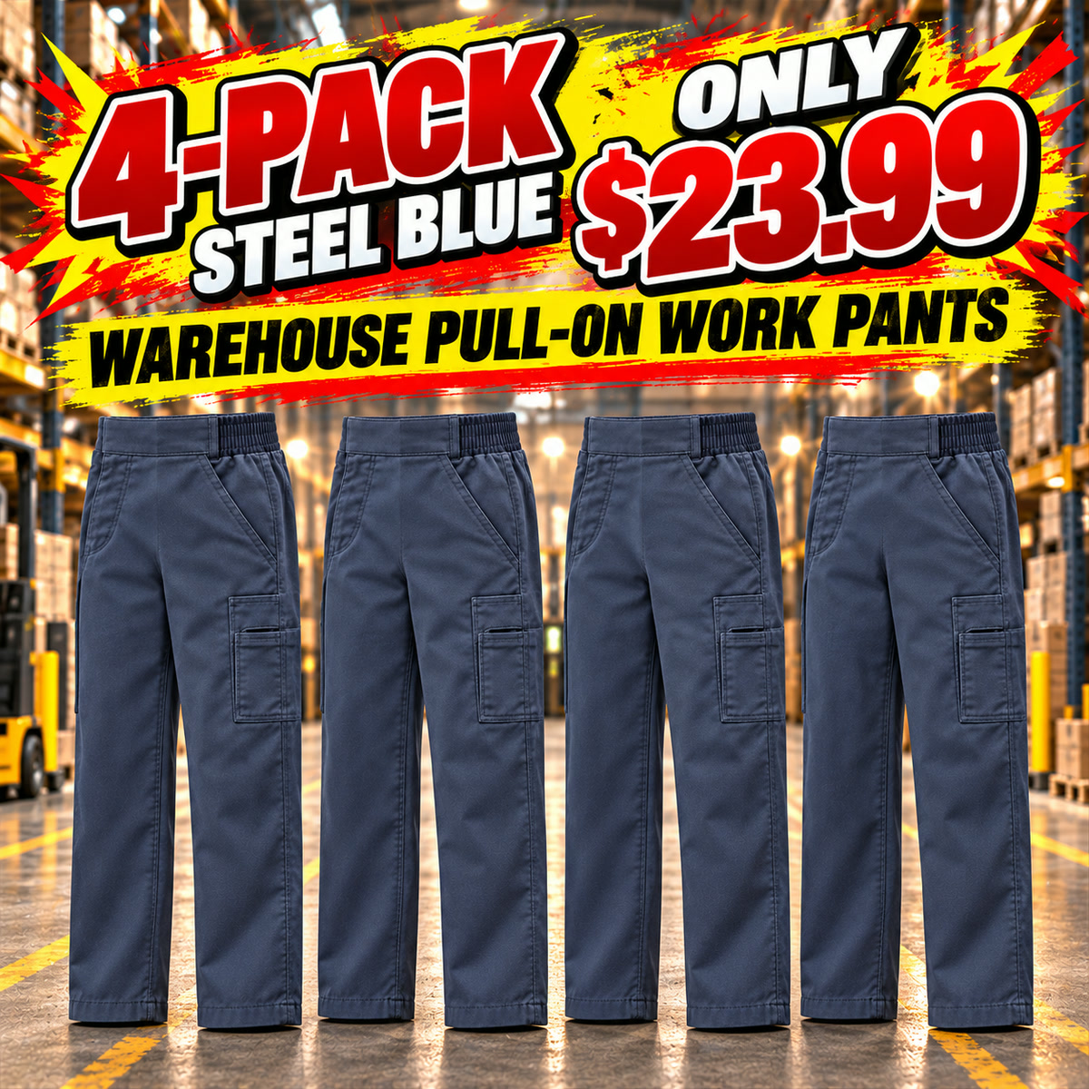 Men's Side-Elastic Pull-On Warehouse Work Pants Multipacks - 4-Pack - Steel Blue - $23.99