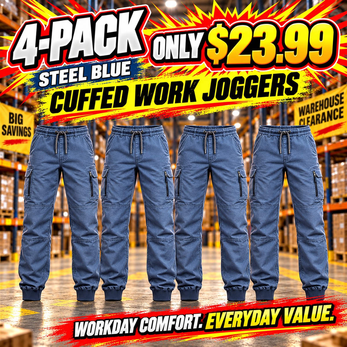 Men's Mature Cuffed Work Joggers Multipacks - 4-Pack - Steel Blue - $23.99