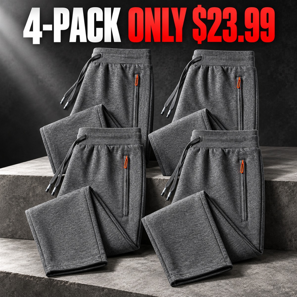 4-Pack - Gray Men's Cotton Drawstring Zip-Pocket Pants Multipacks
