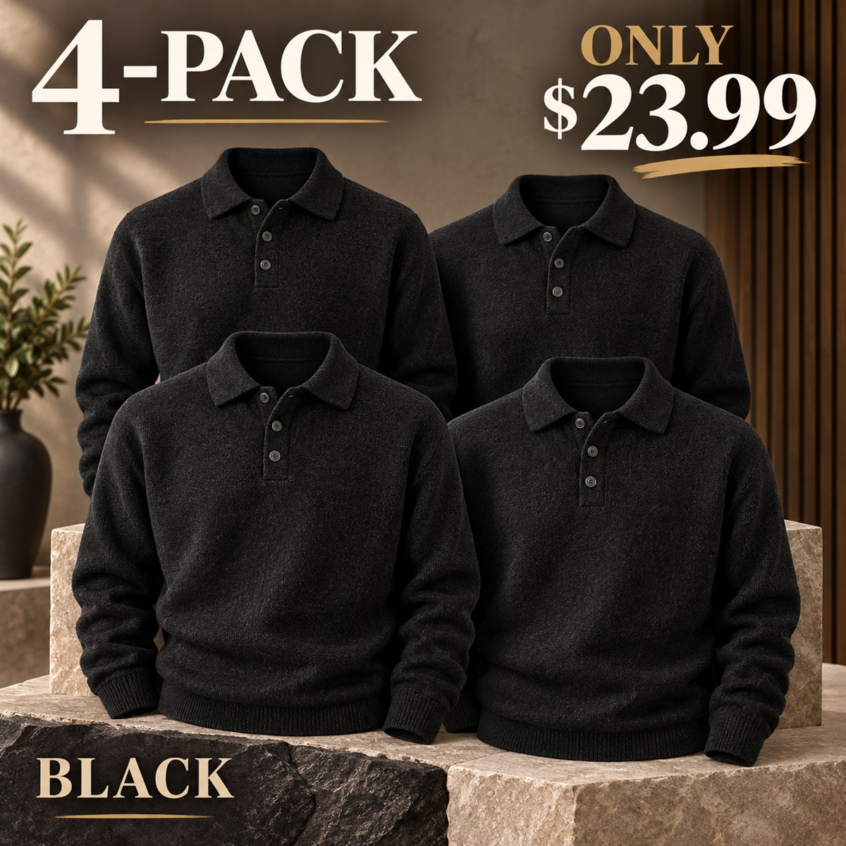 4-Pack - Black Men's Textured Long-Sleeve Polo Sweater Multipacks