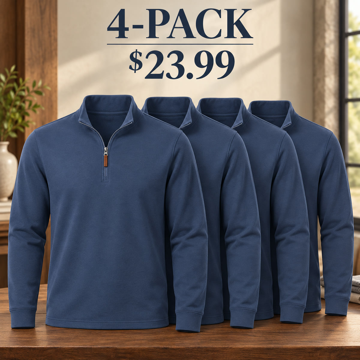 4-Pack - Slate Blue Men's Essential Quarter-Zip Long-Sleeve Pullover Multipacks