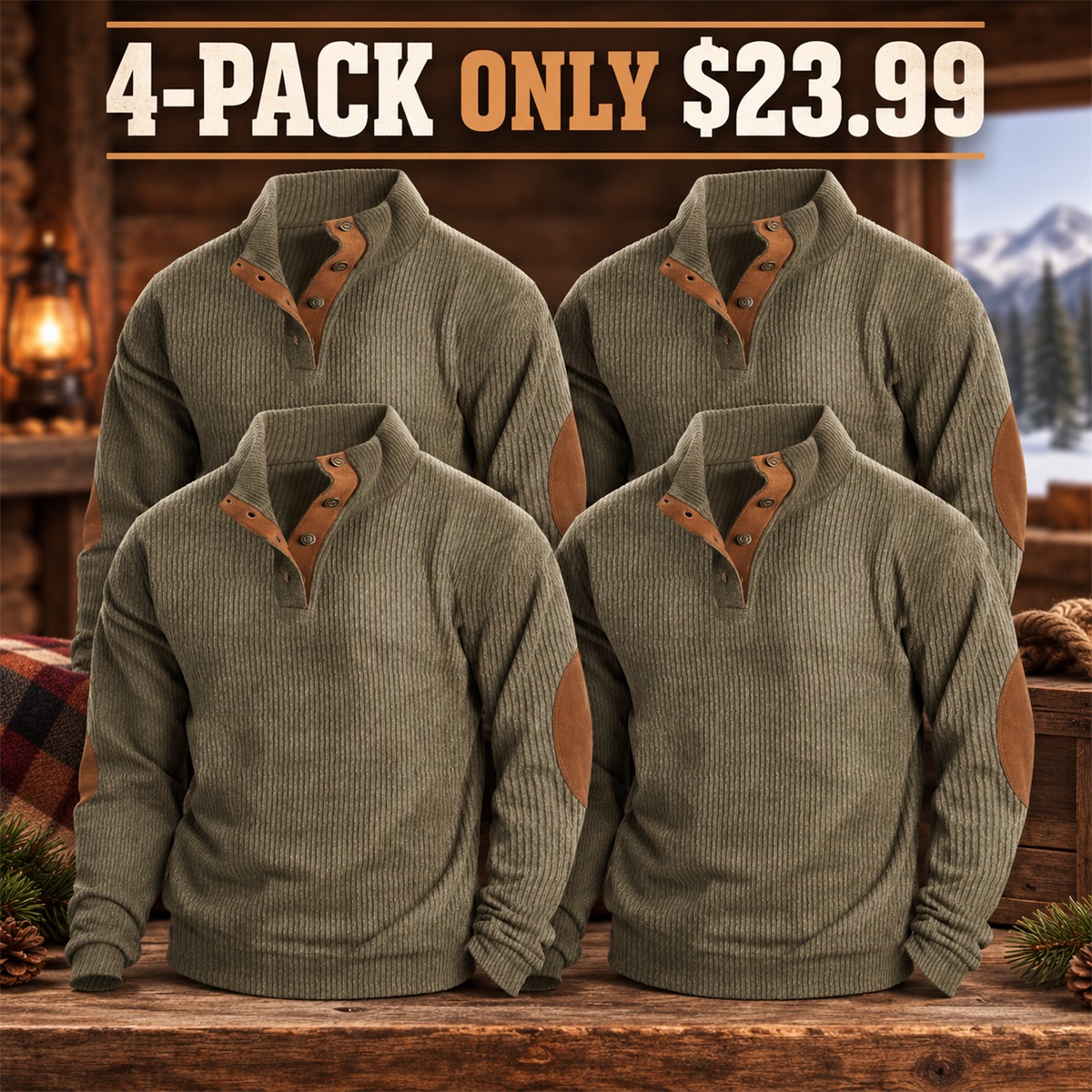 4-Pack - Stone Men's Ribbed Mock-Neck Snap Pullover with Elbow Patches Multipacks
