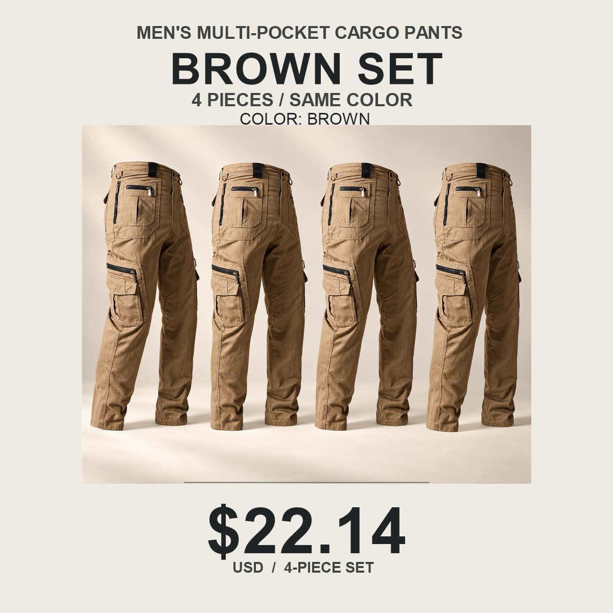 Men's Multi-Pocket Cargo Pants Multipack - 4-Piece Brown Pack