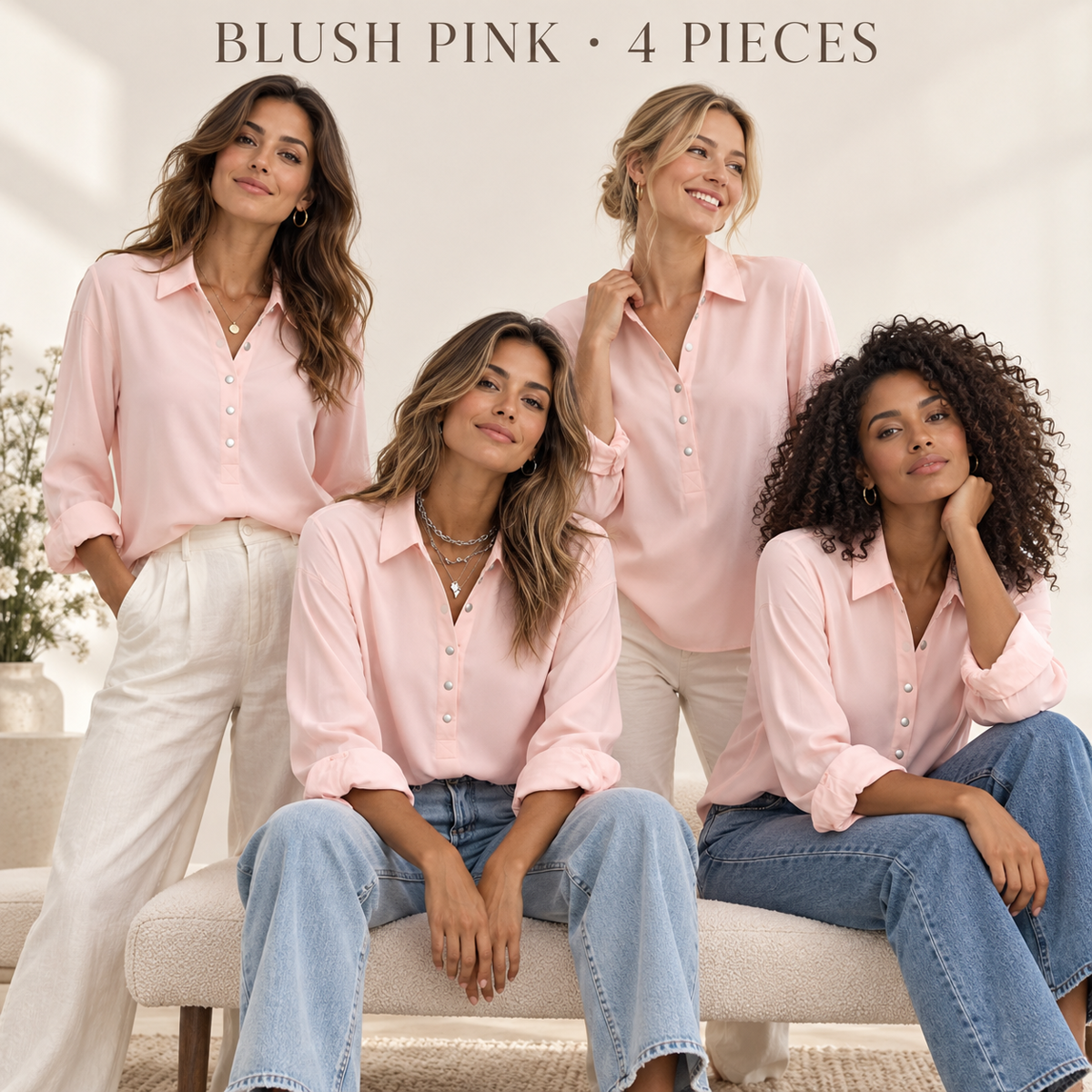 Women's Collared Half-Placket Blouse Multipack - 4-Piece Blush Pink Pack