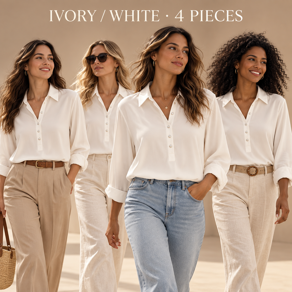 Women's Collared Half-Placket Blouse Multipack - 4-Piece Ivory/White Pack