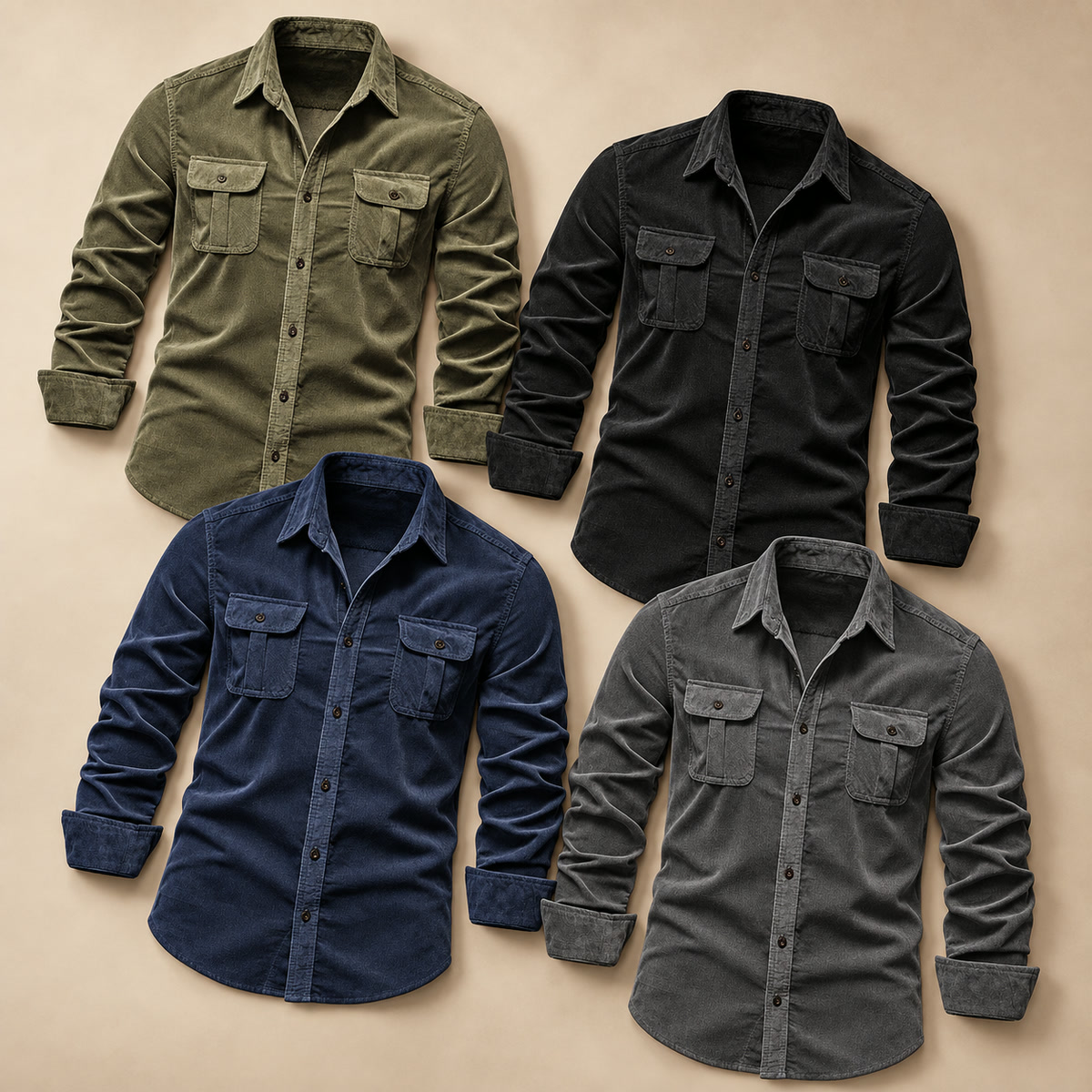 Men's Double-Flap Pocket Button-Up Shirt Multipack - 4-Piece Mix A: olive / black / navy / charcoal