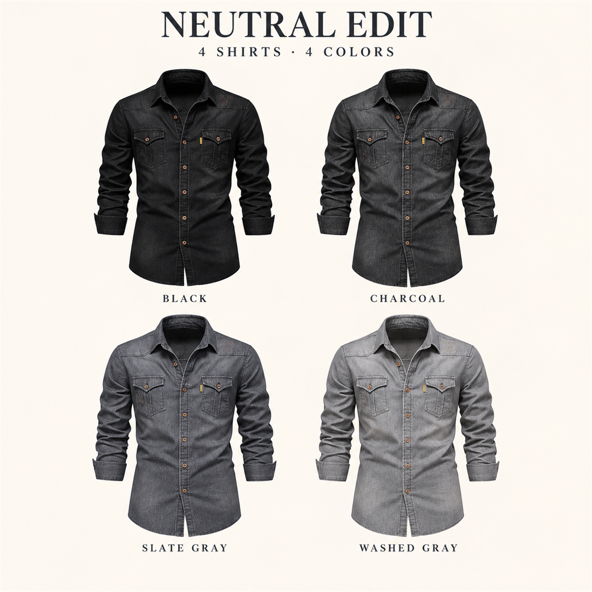 Men's Dark Denim Flap-Pocket Shirt Multipack - 4-Piece Mix B: Black / Charcoal / Slate Gray / Washed Gray