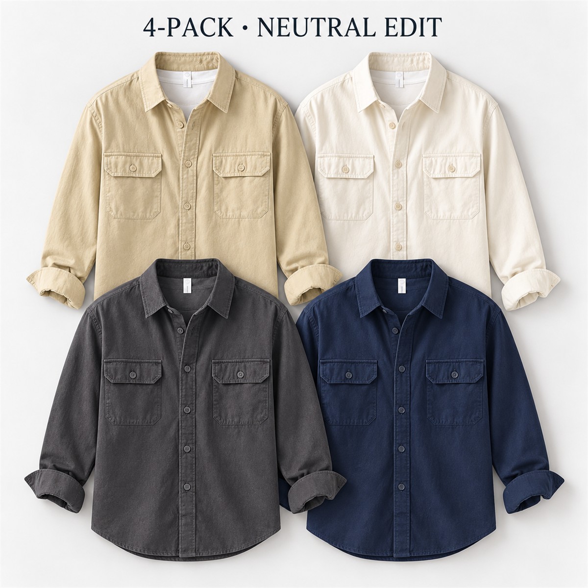 Men's Relaxed Flap-Pocket Overshirt Multipack - 4-Piece Mix A: Light Beige / Ivory / Charcoal / Navy