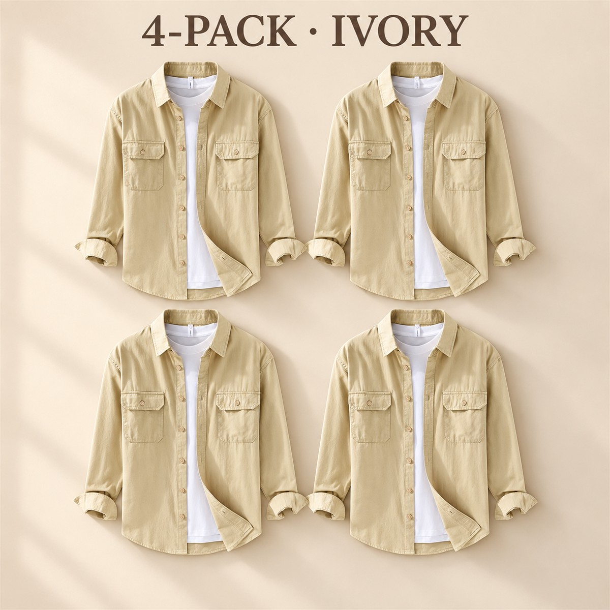 Men's Relaxed Flap-Pocket Overshirt Multipack - 4-Piece Ivory Pack