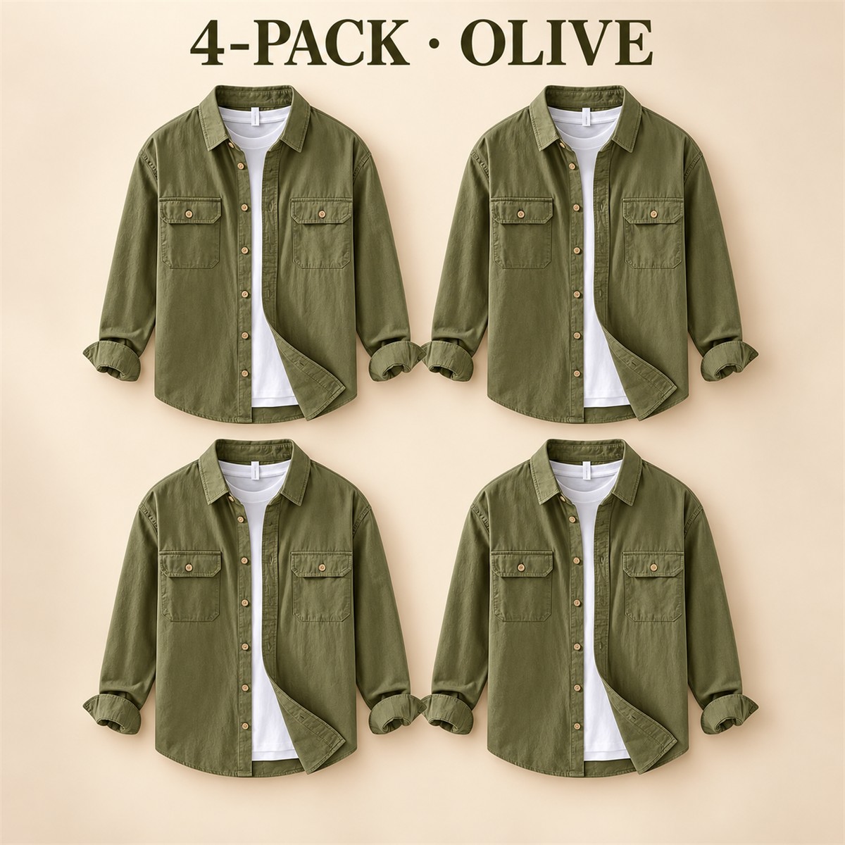 Men's Relaxed Flap-Pocket Overshirt Multipack - 4-Piece Olive Pack