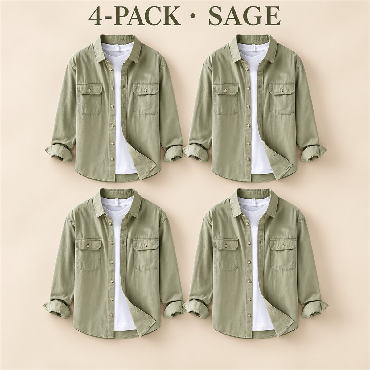 Men's Relaxed Flap-Pocket Overshirt Multipack - 4-Piece Sage Pack