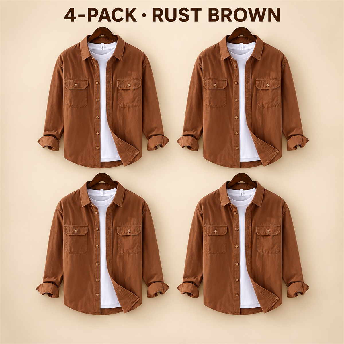Men's Relaxed Flap-Pocket Overshirt Multipack - 4-Piece Rust Brown Pack